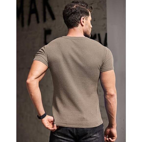 Men's Large Beige Muscle T Shirts Stretch Short Sleeve V Neck Ribbed Slim Fit - Picture 7 of 7